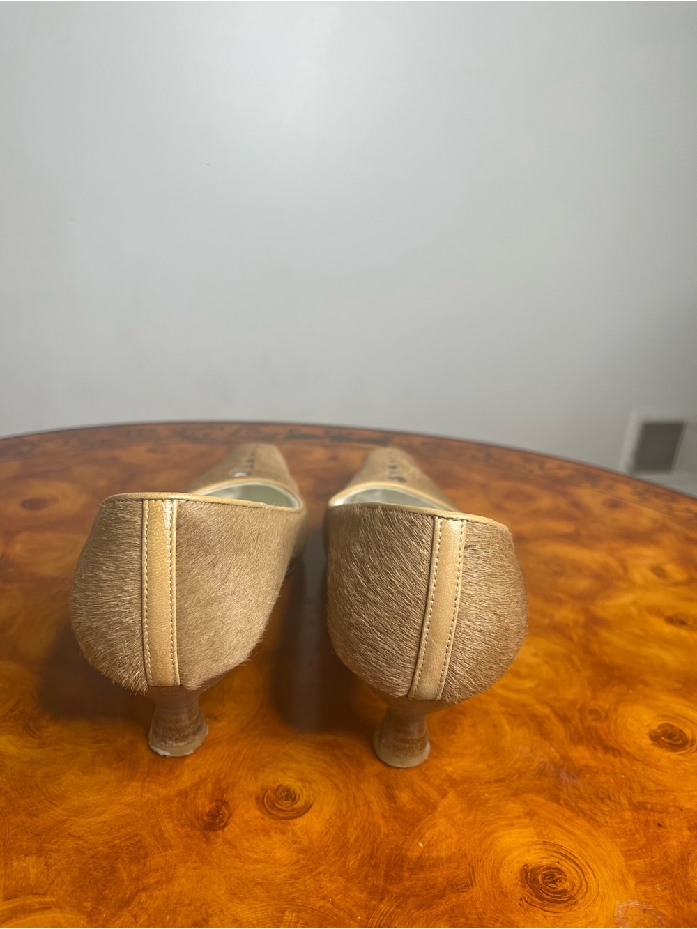 Salvatore Ferragamo Tan Haircalf Flats with Button Detail - Picture 2 of 5